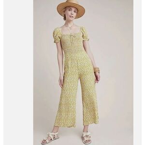 Faithfull the Brand Womens Floral Smocked Short Sleeve Yellow Crop Jumpsuit Sz 4